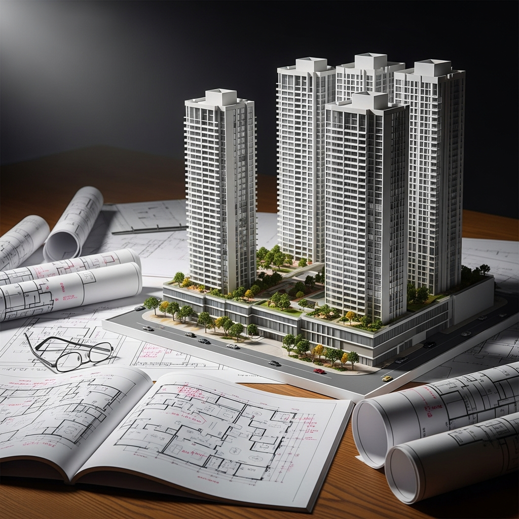 Architectural model with blueprints representing real estate investment